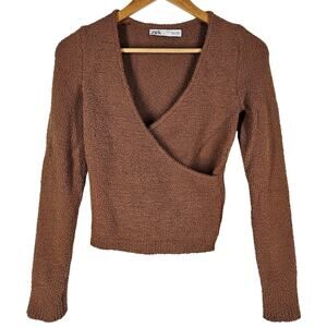 ZARA WOMEN'S BOUCLÉ BROWN WRAP SWEATER SIZE MEDIUM